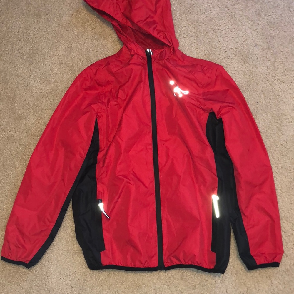 Red and black reflective rain coat